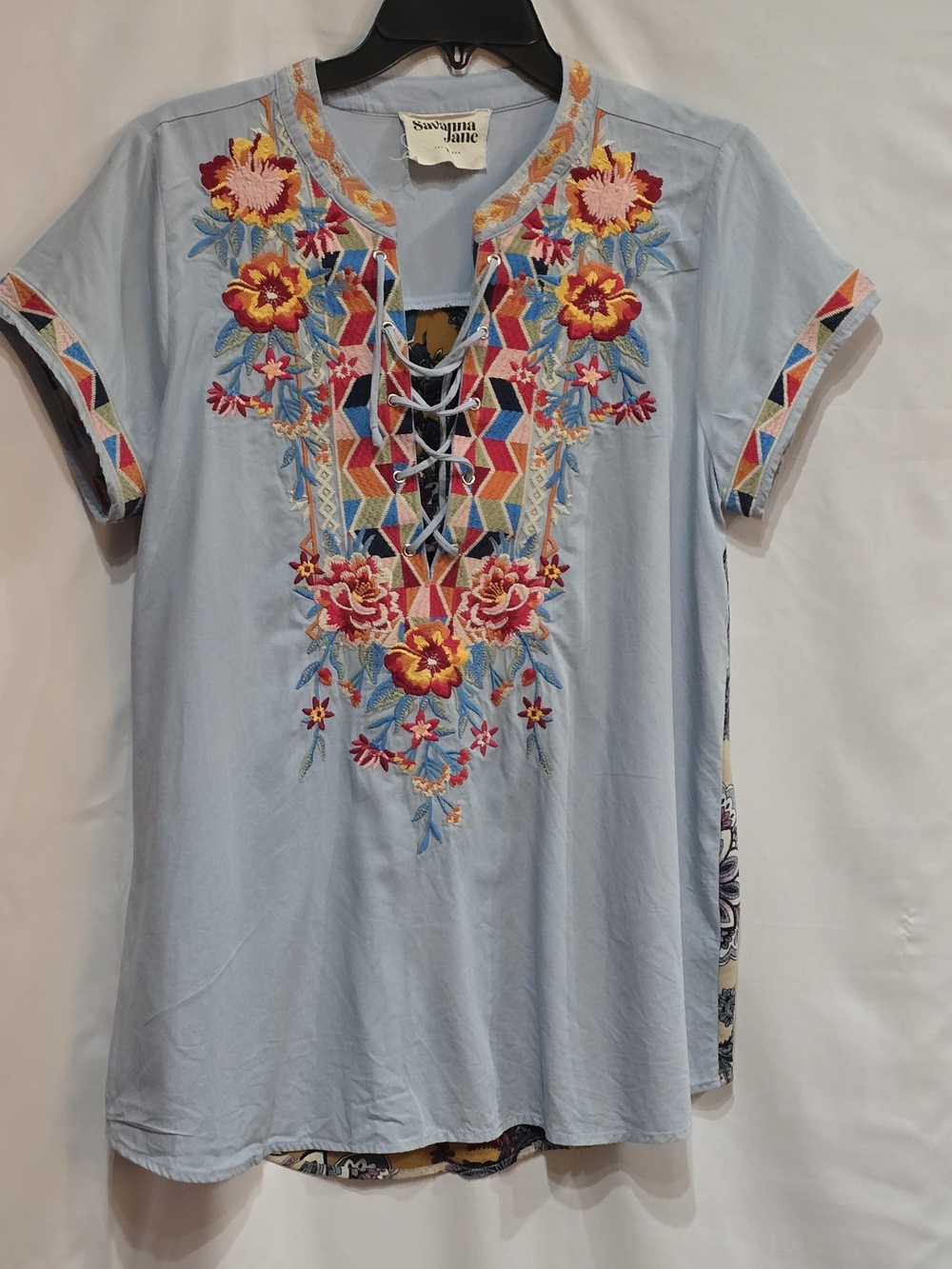 Savanna Jane Blue Blouse, Intricate Floral Embroidery, Lace-up Neckline M EUC - Picture 2 of 6